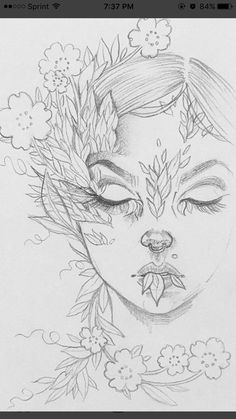 a drawing of a woman's face with flowers in her hair