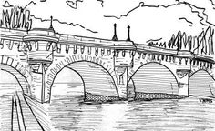 a black and white drawing of a bridge