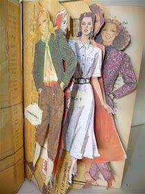 an open book with paper cutouts of women in dresses and hats on it's pages