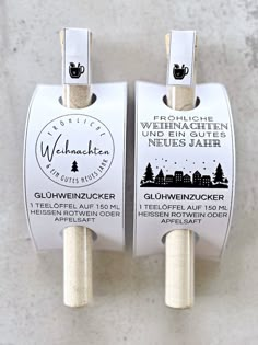 two plugs are attached to the side of a wall with labels on them that read, wehnecken