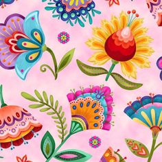 colorful flowers and butterflies on a pink background