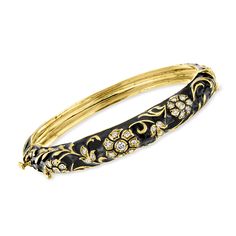 Ross-Simons - C. 1980 Vintage .75ct t. w. Diamond, Black Enamel Floral Bangle Bracelet. 7". C. 1980. On this refined bangle bracelet from our Estate collection, sparkly .75 ct. t. w. round diamond flowers, brought to life with polished 14kt yellow gold details, bloom into an elegant motif atop the shiny black enamel backdrop. Graduates from 1/4" to 7/16" wide. Hinged with a figure 8 safety. Push-button clasp, black enamel and diamond floral bangle bracelet. Exclusive, one-of-a-kind Estate Jewelr Black Bangle For Anniversary, Black Bangle Jewelry For Anniversary, Black Flower Jewelry, Vintage Black Bracelet For Wedding, Vintage Black Bracelet For Weddings, Antique Black Bangle Jewelry, Classic Black Enamel Bangle Jewelry, Vintage Black Enamel Bracelets For Formal Occasion, Collectible Black Bangle Jewelry