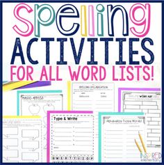 spelling activities for all word lists with the words spelling and writing in blue, green, pink