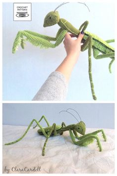 two pictures of an insect made out of yarn