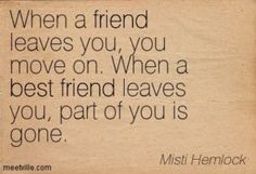 a quote from mist hemlock that says when a friend leaves you, you move on when a best friend leaves you, part of you is gone