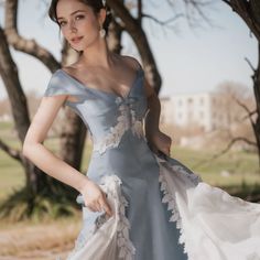 Olivia Mark - Luxurious Gray-Blue Lace Dress with Floral Collar and Bow Detail, Fit for a Princess Vintage Corset Dress, Grayish Blue, Vintage Corset, Cottagecore Dress, Korean Fashion Dress, Lace Blue Dress, Grad Dresses, Fairy Dress, Blue Outfit