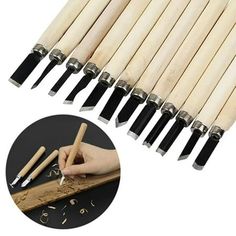 10 pieces wood carving tools with black handles and wooden handle, including one hand holding a knife