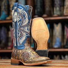 by Tanner Mark Tooled leather bottom with a blue western style top boot. Square toe and a 1.5" inch heel. Square Toe Leather Boots, Blue Heels, Toe Boots, Tooled Leather, 5 Inch Heels, Leather Pulls, Leather Tooling