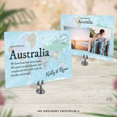 there are two postcards with pictures on them and the words australia written in black