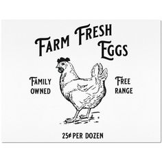 the farm fresh eggs label is shown in black and white, with an image of a chicken