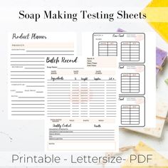 the printable soap making sheet is shown on top of a table with other items