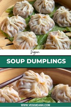 dumplings in a wooden bowl with chopsticks on the side and text vegan soup dumplings