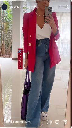 Outfit Blazer Rojo, Casual Elegant Outfits, Wide Leg Outfit, Outfit Informal, Job Clothes, Looks Jeans, Looks Pinterest, Blazer Outfits For Women