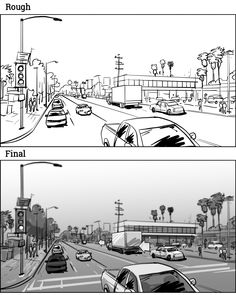 two different views of the same street with cars driving on one side and another view of an intersection