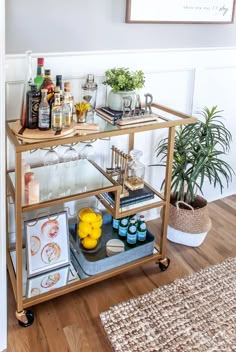 a bar cart with drinks on it in a room