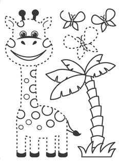 a giraffe with a palm tree and butterflies on its head is shown in black and white