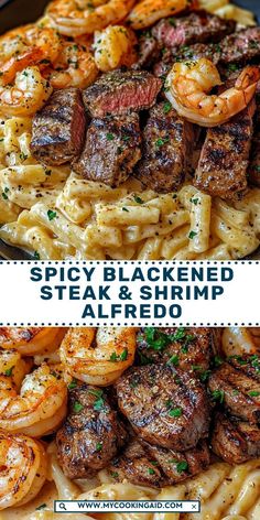 Juicy blackened steak and succulent shrimp come together in a creamy Alfredo sauce for the ultimate surf-and-turf dinner. Packed with spice and rich flavor, this dish is a must-try for special occasions or indulgent weeknights! Blackened Steak, Steak Shrimp, Creamy Alfredo Sauce, Fresh Seafood Recipes, Steak And Shrimp, Shrimp Alfredo, Tender Steak, Spicy Shrimp