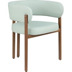 a light blue chair with wooden legs and arm rests on an isolated white background,