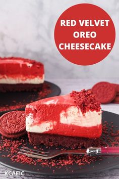 A slice of red velvet cheesecake on a black plate with red velvet oreos in the background. Red Velvet Marbled Cheesecake, Cream Cheese Cheesecake Filling, No Bake Red Velvet, Oreos Cheesecake, Red Velvet Oreo Cheesecake, Red Velvet Oreo Cookies, Cream Cheese Cheesecake, Layer Cheesecake