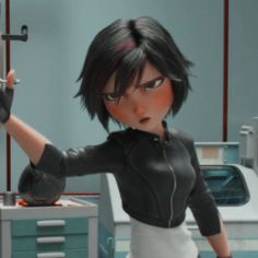 the animated character is pointing at something in front of her, while she's dressed in black and white