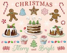 a christmas card with gingerbreads, cakes and other holiday treats