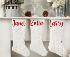 two stockings hanging from a mantle with christmas decorations