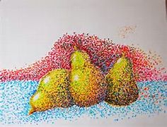 a drawing of three pears on a white paper with colored sprinkles