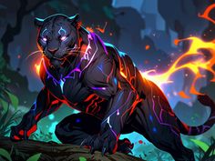 a black panther with red and blue lights on it's face, running through the jungle