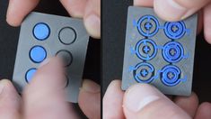 two pictures of the same object being used to make an origami box with blue circles