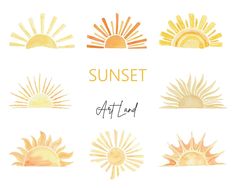 the sun set is painted in watercolor and has many different types of suns on it