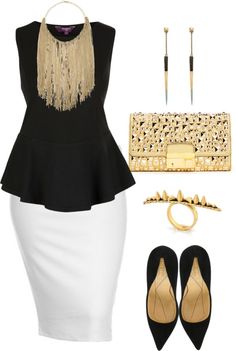 Black, White & Gold....except for that necklace, i like it :) i would like a long gold chain with a pop of color medallion/drop necklace instead lol Lawyer Outfit, Pencil Skirt White, Black White Gold, 2019 Fashion, Looks Chic, Gold Accessories, Fashion Mode