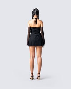 Pretty, and tempting ❤️ Do all the things you shouldn't in this black mini dress with halter straps, off-shoulder sleeves, and complete with a mesh overlay and bow detailing ✨ Chic Mesh Mini Dress For Evening, Evening Mini Dress With Stretch Mesh Sleeves, Stretch Mini Dress With Mesh Sleeves For Cocktail, Stretch Mini Skirt Evening Dress, Cocktail Mini Dress With Stretch Mesh Sleeves, Cocktail Mesh Dress With Sheer Sleeves, Coquette Spaghetti Strap Mini Dress For Date Night, Chic Mesh Mini Dress For Night Out, Coquette Mini Length Corset Dress For Night Out