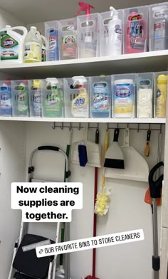 a shelf filled with lots of cleaning supplies