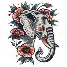 an elephant with flowers and leaves on it's head is shown in this tattoo design