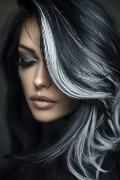 Jet Black Hair Magic: 17 Ideas to Elevate Your Look Jet Black Hair Color Ideas, Black Hair With Grey Highlights, Jet Black Hair Color, Dark Grey Hair Color, Black Hair Color Ideas, Black And Silver Hair, Black And Grey Hair, Gray Hair Pixie Cuts