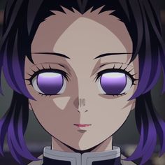 an anime character with purple hair and big eyes