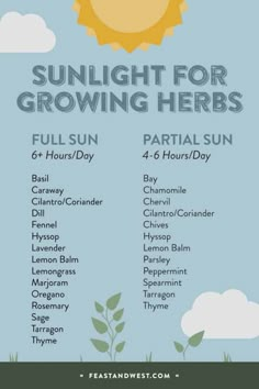 a poster with the words sunlight for growing herbs