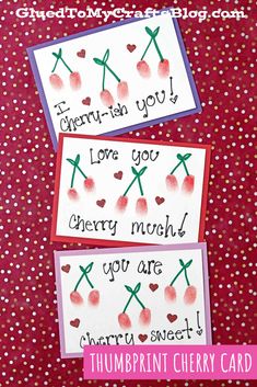 two handmade cards with cherries on them and the words i love you cherry merry card