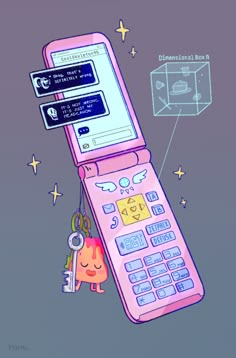 a pink cell phone with two keys attached to it's front and back sides