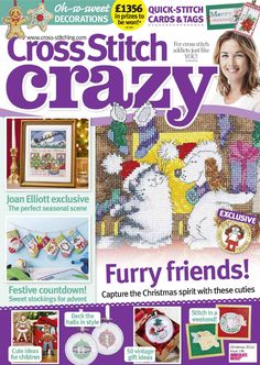 the front cover of cross stitch crazy magazine with pictures of cats and dogs on it