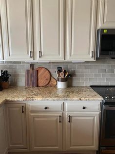 the kitchen counter is clean and ready for us to use in its new owner's home