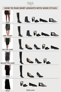 Skirt Shoes Guide, Shoes For Skirt Length, Skirt Lengths And Shoes, How To Pair Footwear With Outfits, Skirt And Shoes Guide, Skirts And Shoes Guide, How To Match Shoes With Dress, Shoe Guide For Dresses, How To Style Skirts Aesthetic