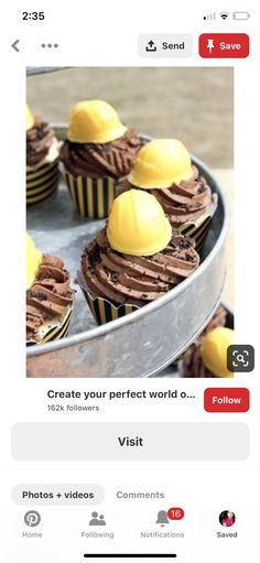 an image of cupcakes with chocolate frosting and yellow icing on them