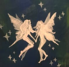 two white angels holding hands with stars in the sky behind them on a black and green background