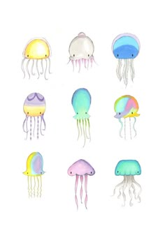 watercolor jellyfish in different colors on a white background