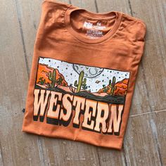 Harvest Orange Western Moon Tee graphic tee - dropship thelattimoreclaim Modest Summer Outfits Western, Ranching Life, Western Tshirts, Summer Cowgirl, Modest Mom, Charlie 1 Horse Hat, Typography Tshirt Design, Cloth Ideas