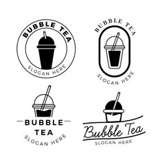 four logos for bubble tea, including one with a cup and the other with a straw