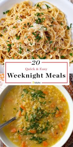 two bowls of soup with the title overlay reads 20 quick and easy weeknight meals