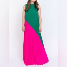 Sleeveless Pleating Throughout Fabric Diagonal Colorblock Ruffled Neckline Length Hits At Ankle Lined Imported Summer Elegance, Pleat Dress, Ankara Fashion, Peplum Tops, Modesty Fashion, Trapeze Dress, Pleated Maxi Dress, Pleated Maxi, Pinterest Fashion