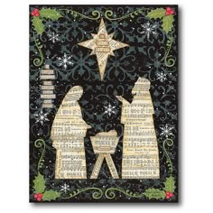 a christmas card with two people and a star in the middle, surrounded by music sheets